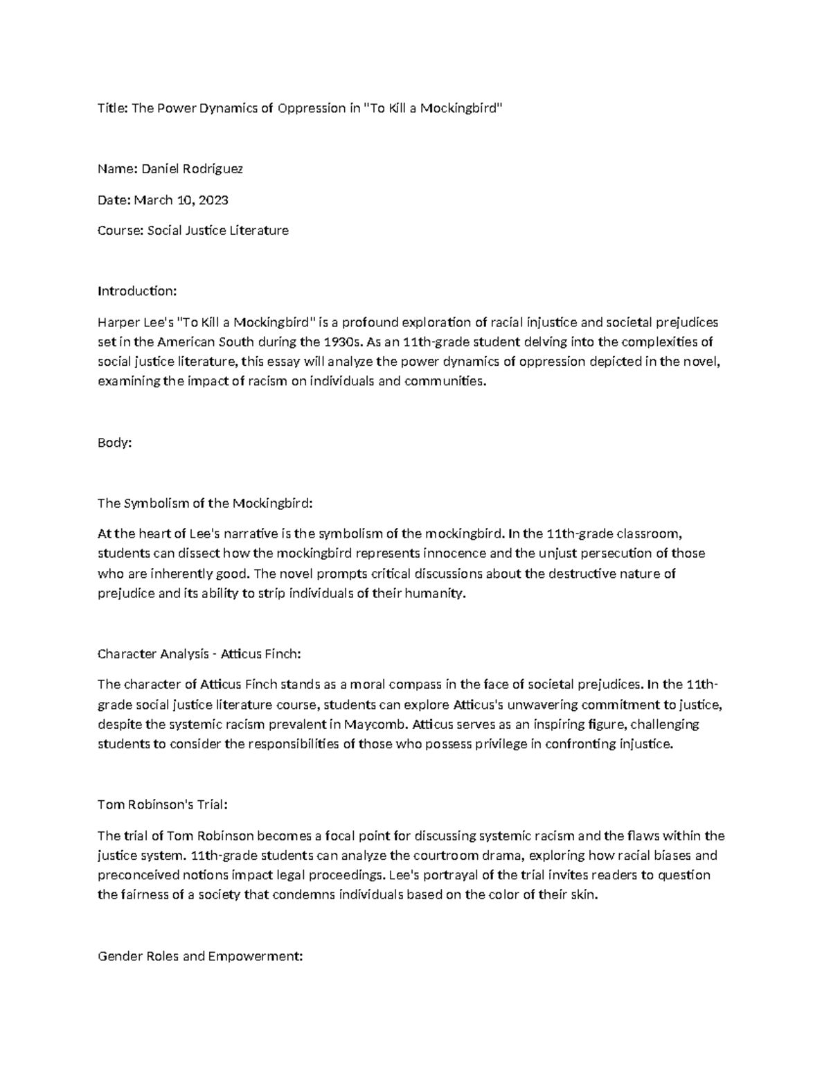 Essay 1 - dsfsfs - Title: The Power Dynamics of Oppression in 
