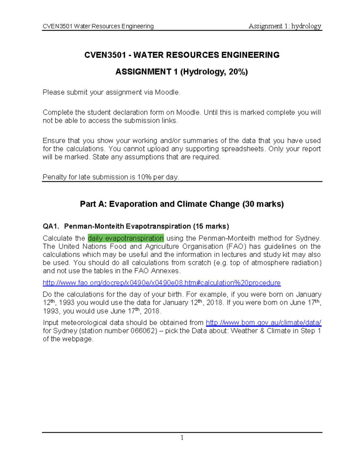 Assignment 1 - CVEN3501 - WATER RESOURCES ENGINEERING ASSIGNMENT 1 ...