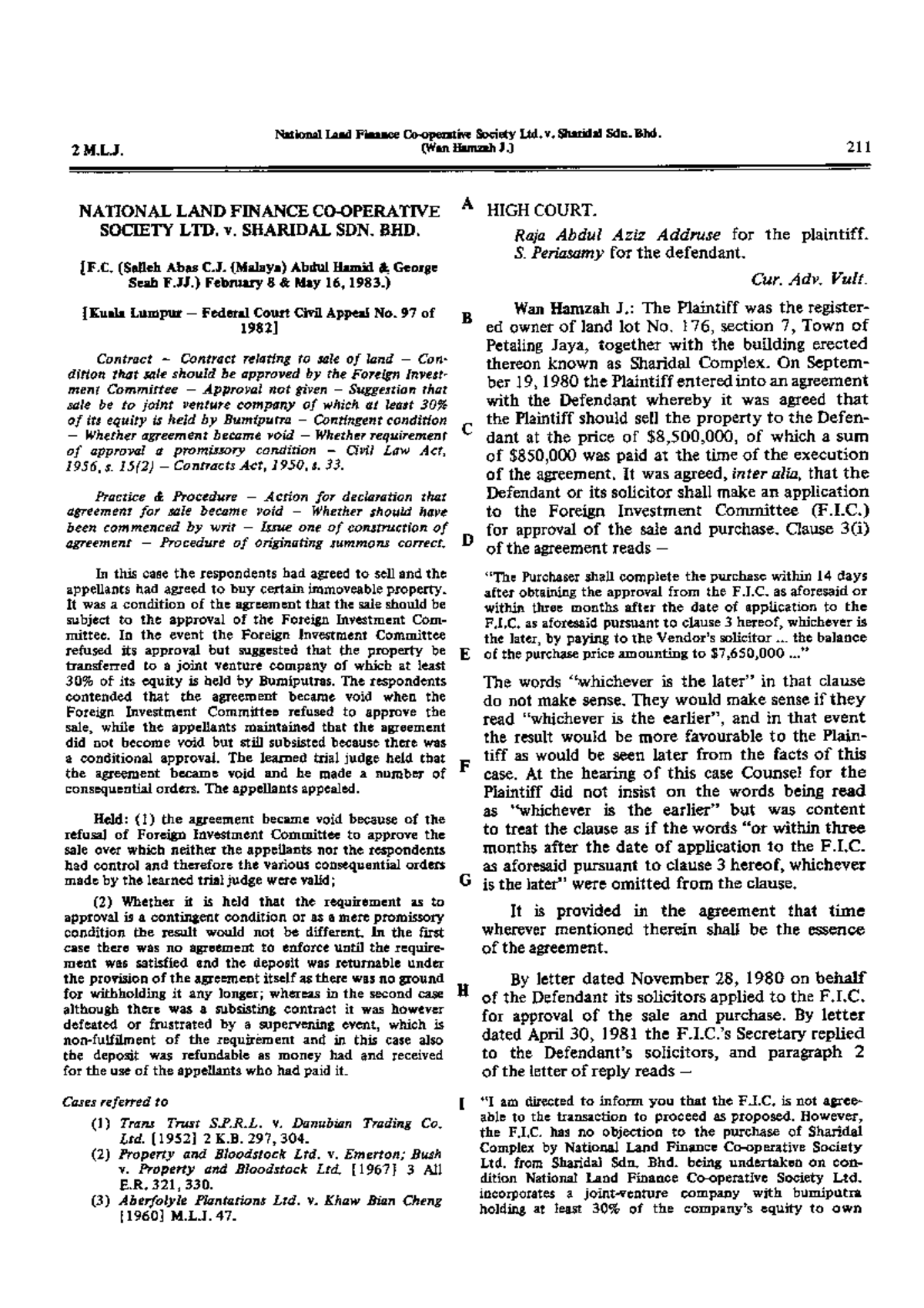National LAND Finance CO Operative Society LTD v Sharidal SDN BHD