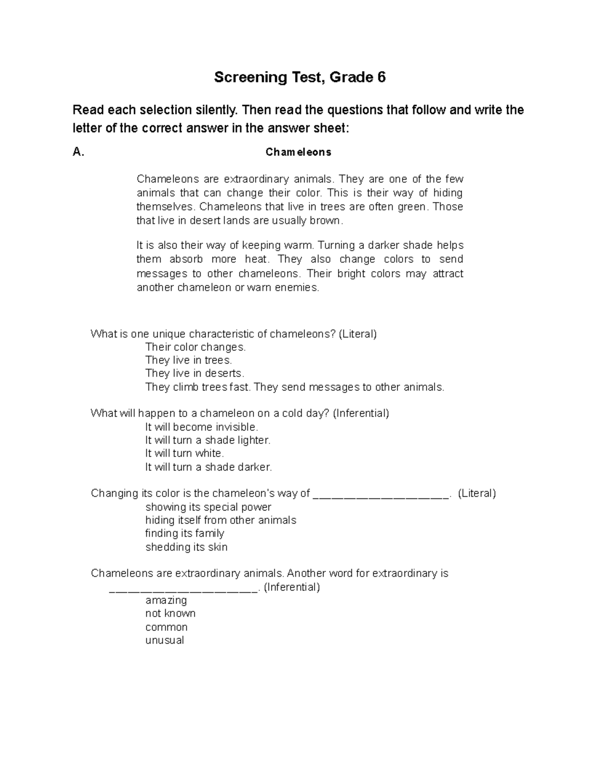 CI Reading Passage GR for reference purposes Screening Test, Grade