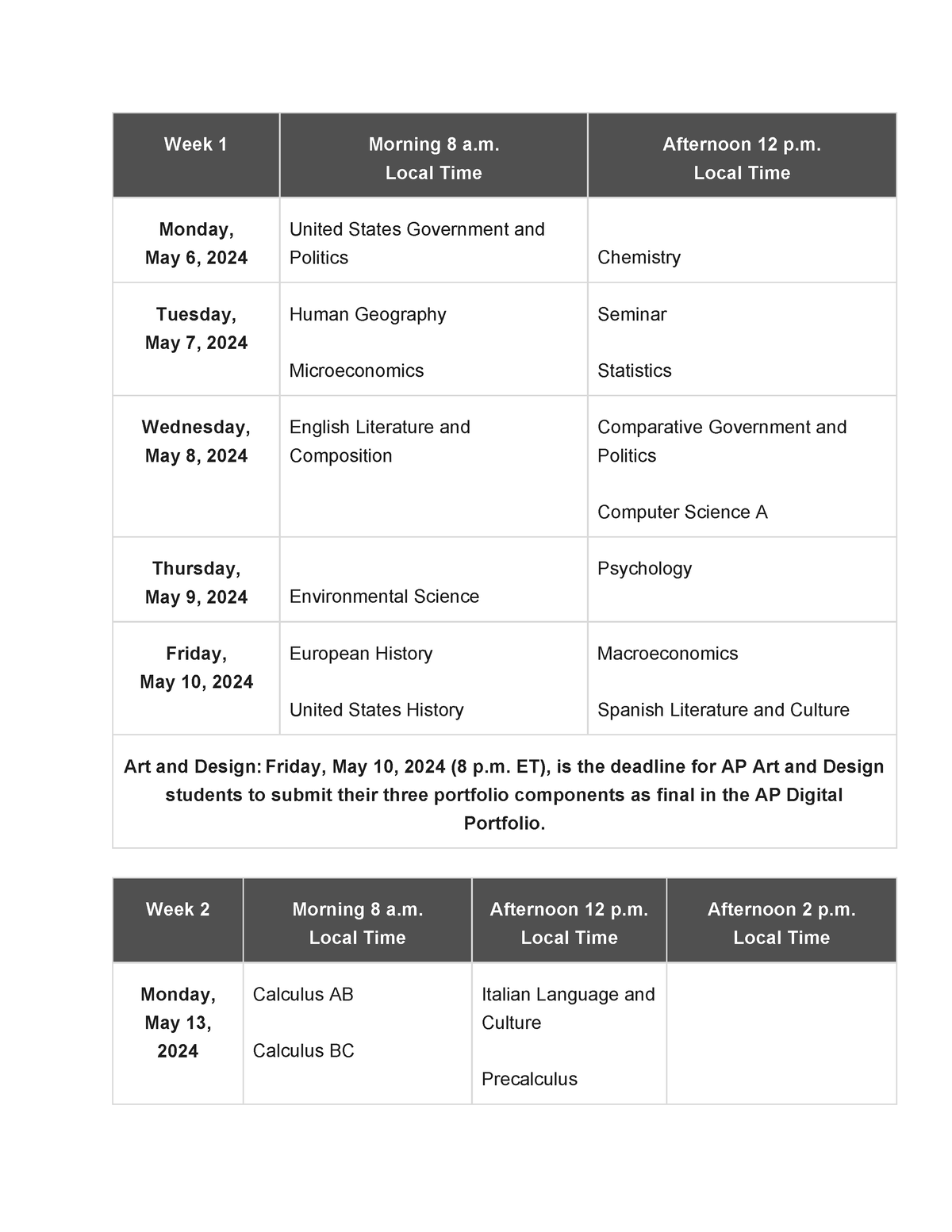 AP Exam Schedule 2024.pdf Week 1 Morning 8 a. Local Time Afternoon 12