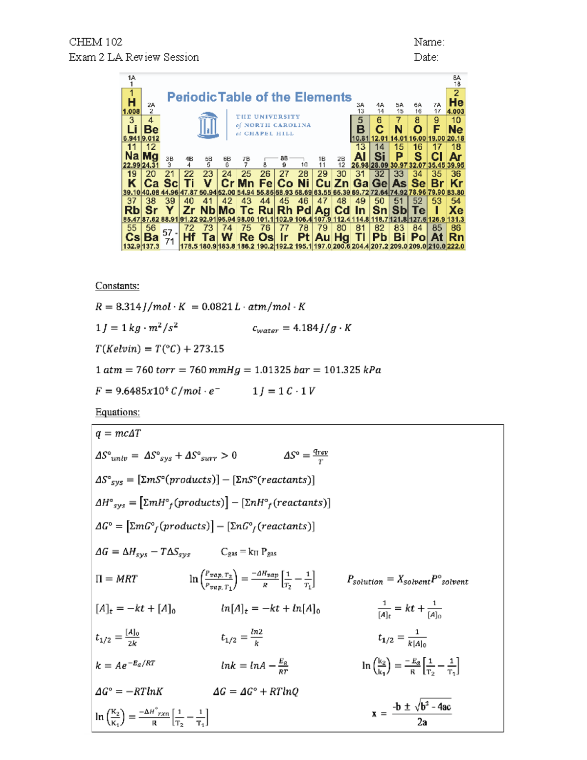 Exam 2 WS - Chemistry Review - CHEM 102 Name: Exam 2 LA Review Session ...