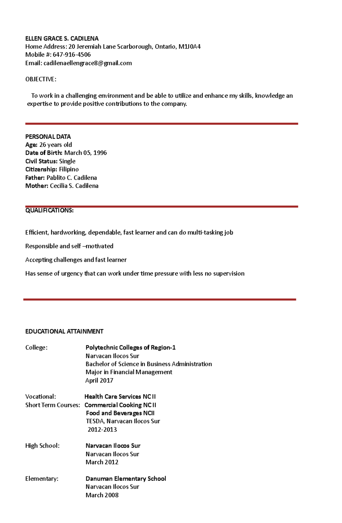 Resume Ellen - hehe - ELLEN GRACE S. CADILENA Home Address: 20 Jeremiah ...