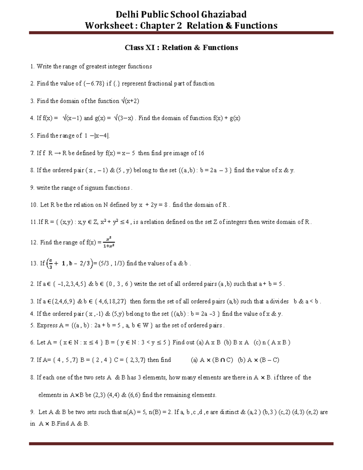 Chapter 2 Relation Function - Delhi Public School Ghaziabad Worksheet ...