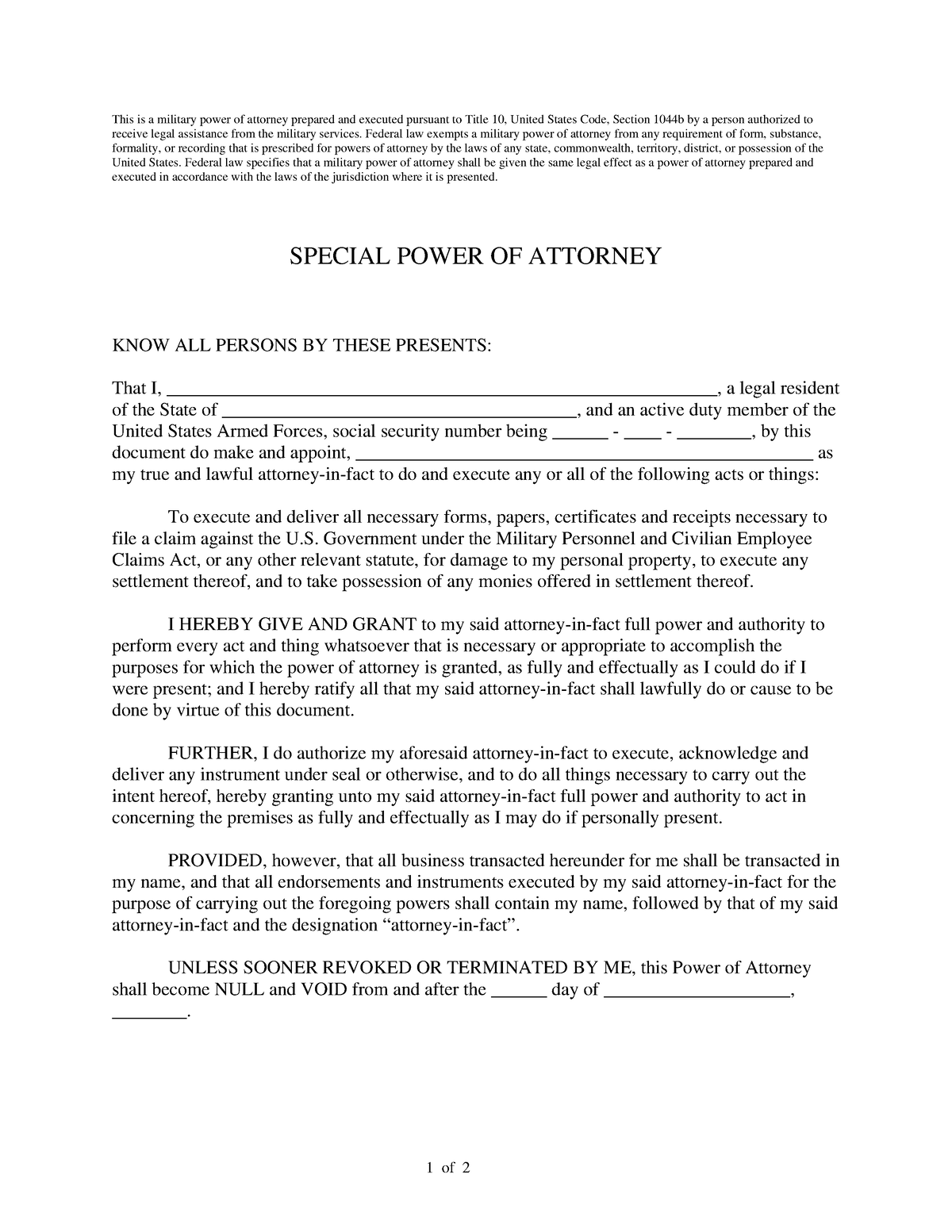 Sample special power of attorney - This is a military power of attorney ...