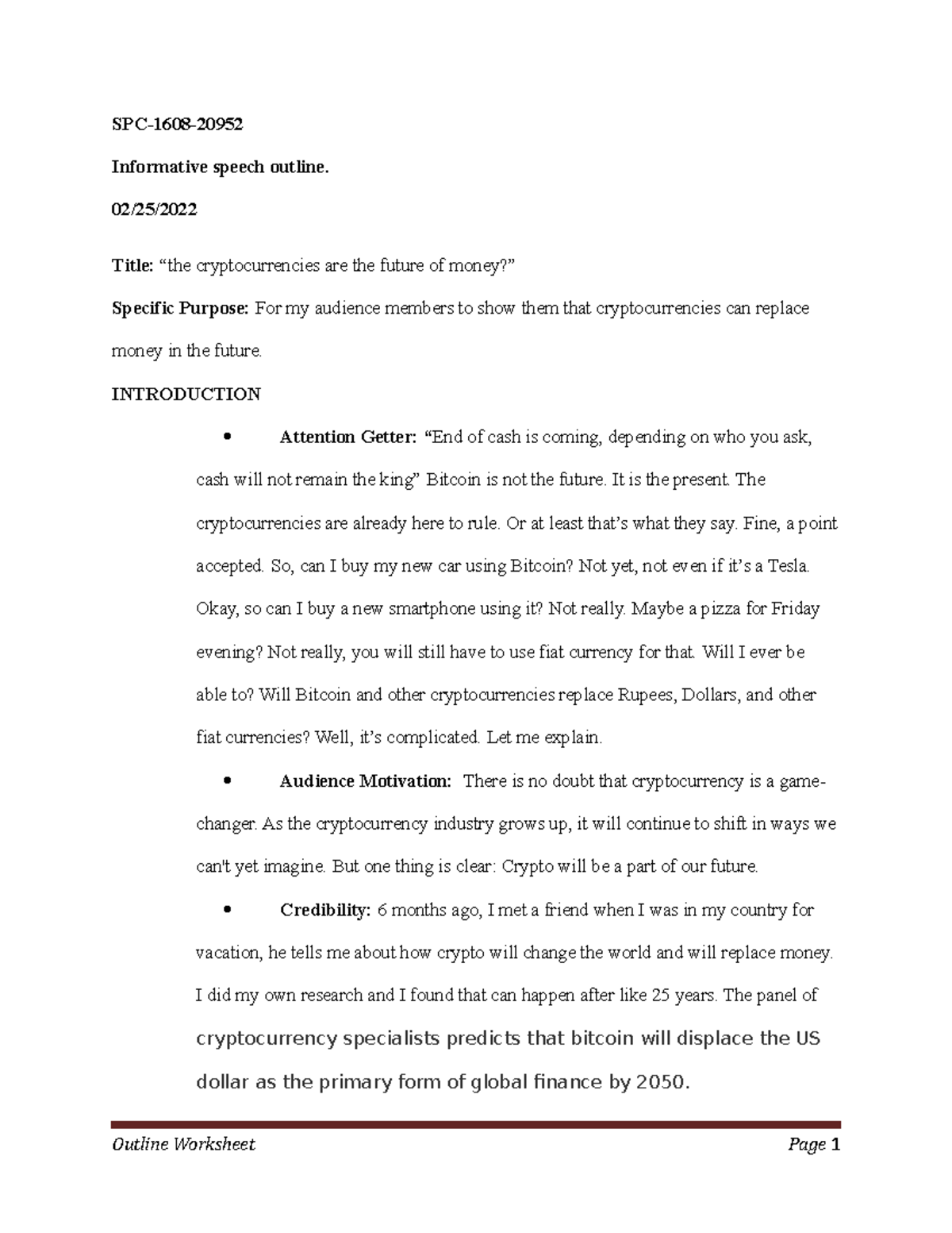 Outline worksheet 11Informative Speech Outline - SPC-1608- Informative ...