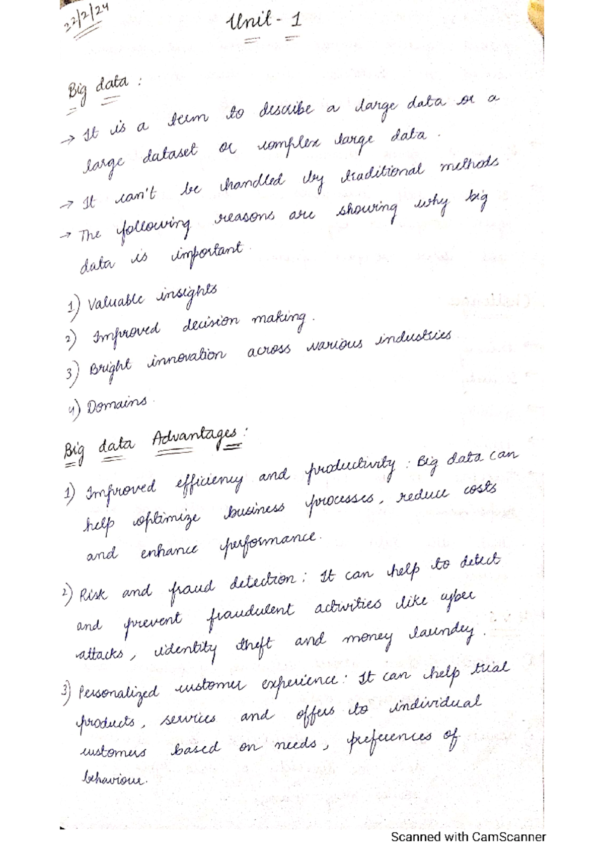 BDA handwritten 1,2,3 - Unit 1 Big data: It is a term to describe a ...