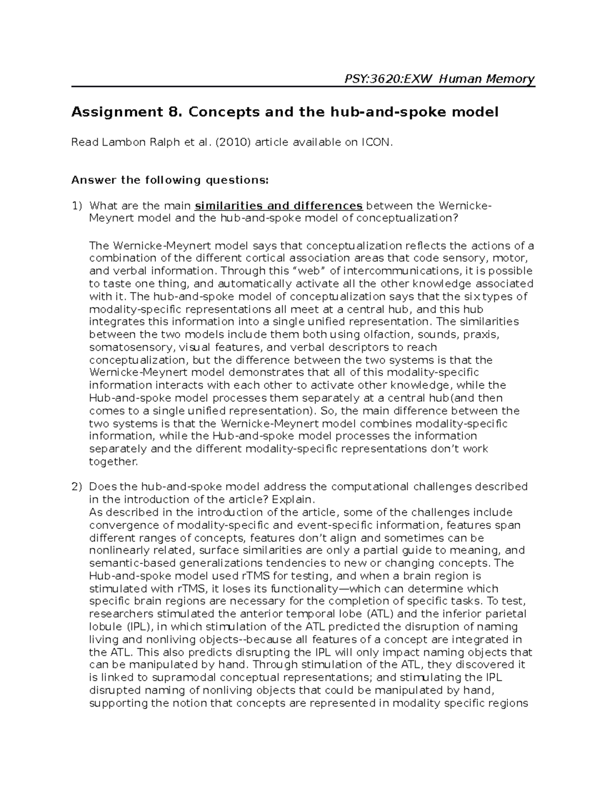 Week8 Assignment - PSY:3620:EXW Human Memory Assignment 8. Concepts and ...