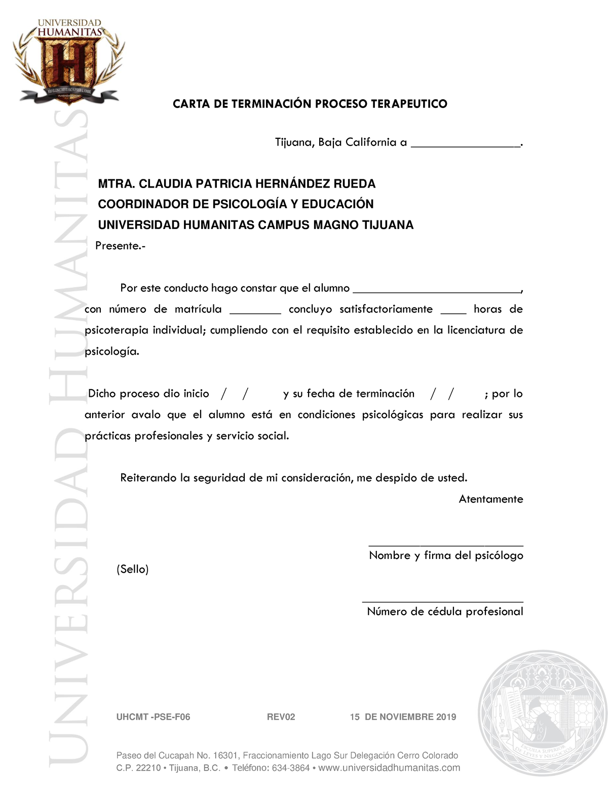 Carta DE Terminación Proceso Terapeutico - CARTA DE TERMINACI”N PROCESO ...