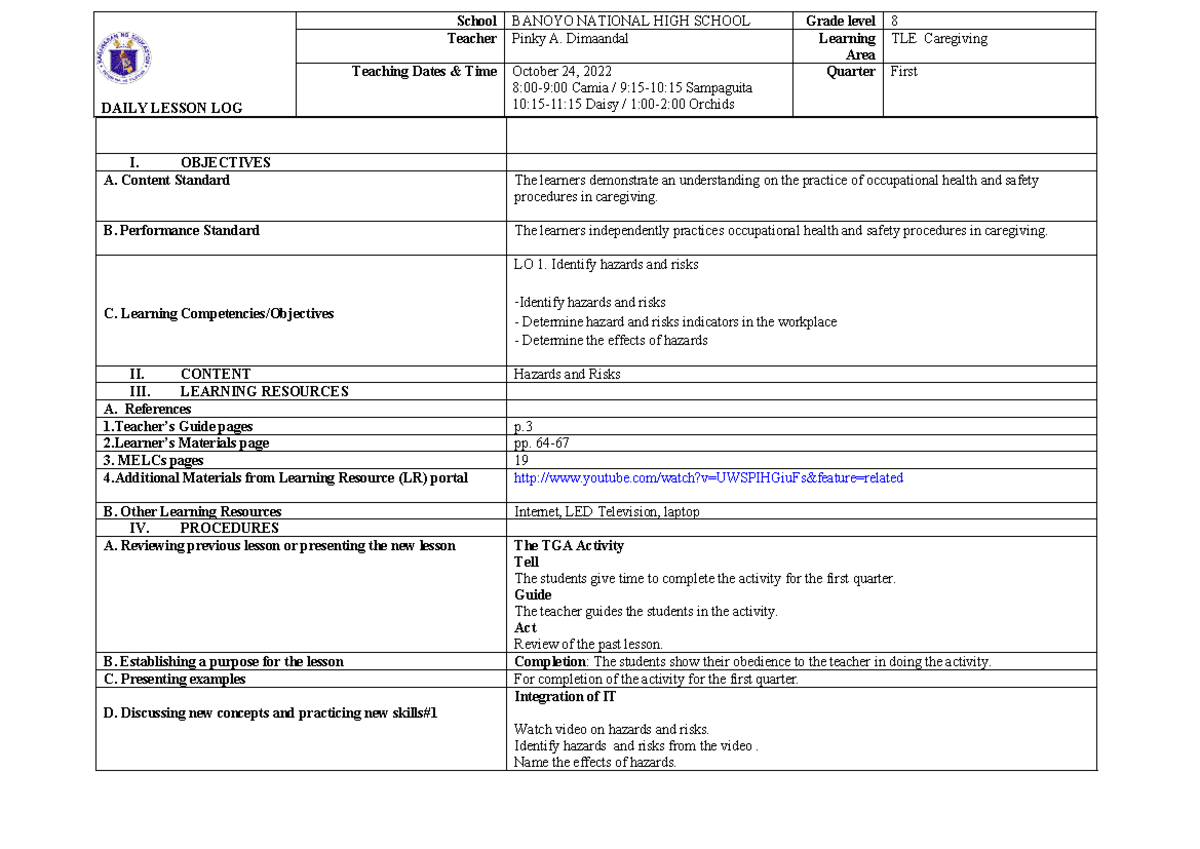 DLL Caregiving Banoyo NHS - I. OBJECTIVES A. Content Standard The ...