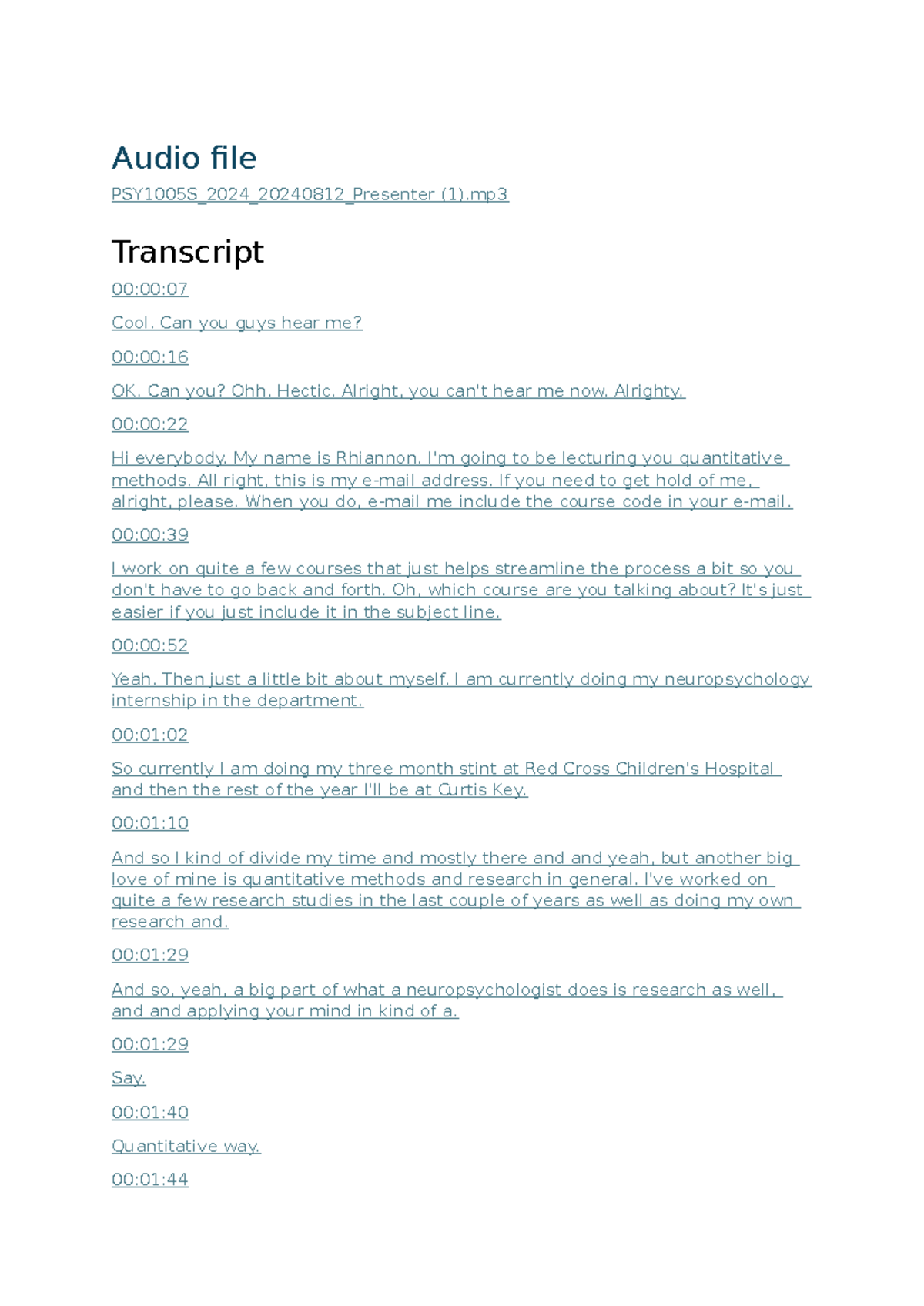 Quantitative 1 notes - Audio file PSY1005S_2024_20240812_Presenter (1 ...