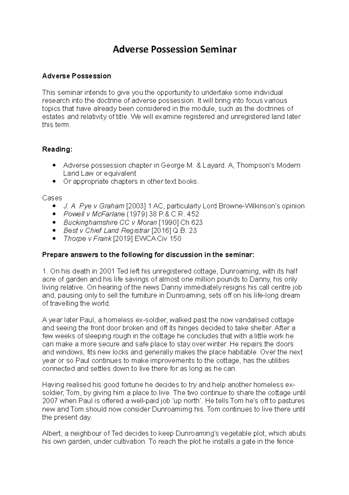 Adverse Possession Lecture Notes - Adverse Possession Seminar Adverse ...