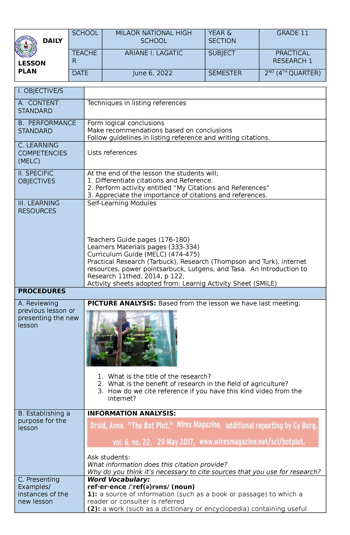 A Detailed Demonstration Lesson PLAN Citation And Reference - (Auto ...