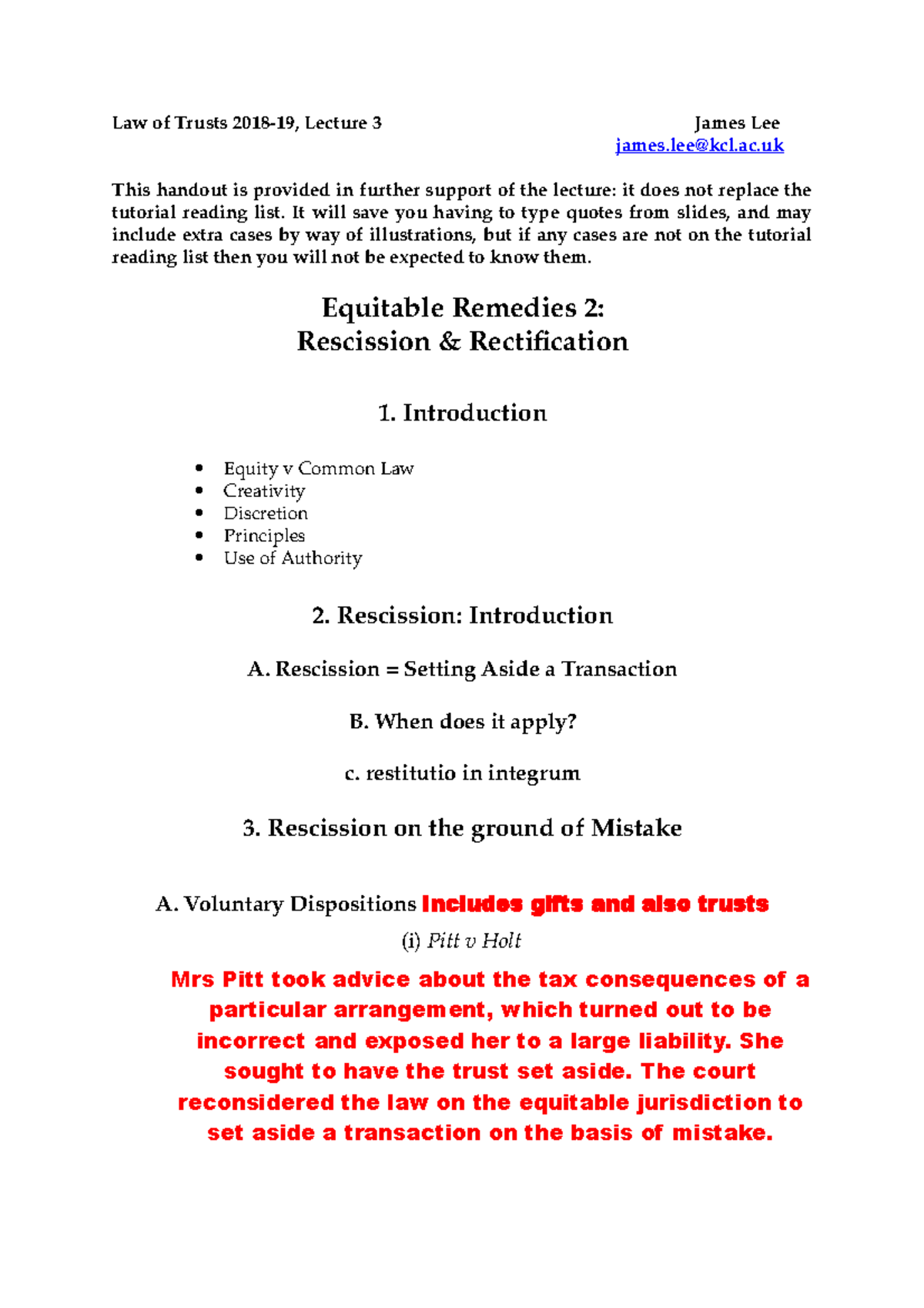 Equitable Remedies 2 - Handout - Law of Trusts 2018-19, Lecture 3 James ...