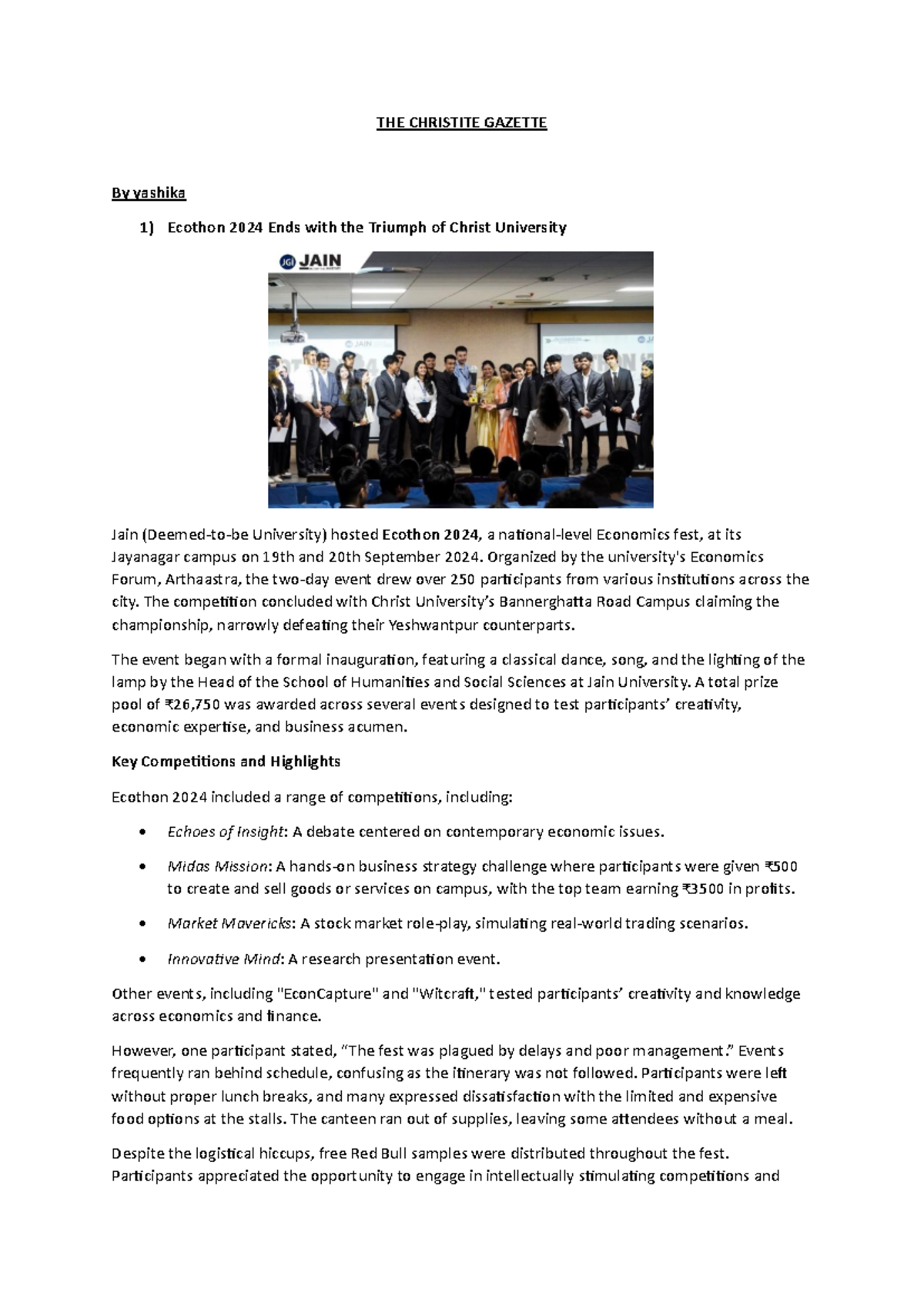 English CIA Newsletter - THE CHRISTITE GAZETTE By yashika 1) Ecothon ...