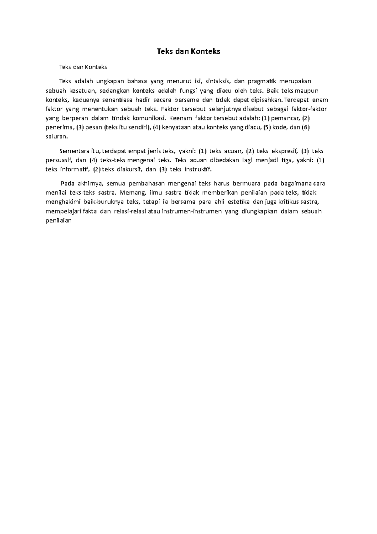 Teks dan konteks - this is a lecture notes that explain about the text ...