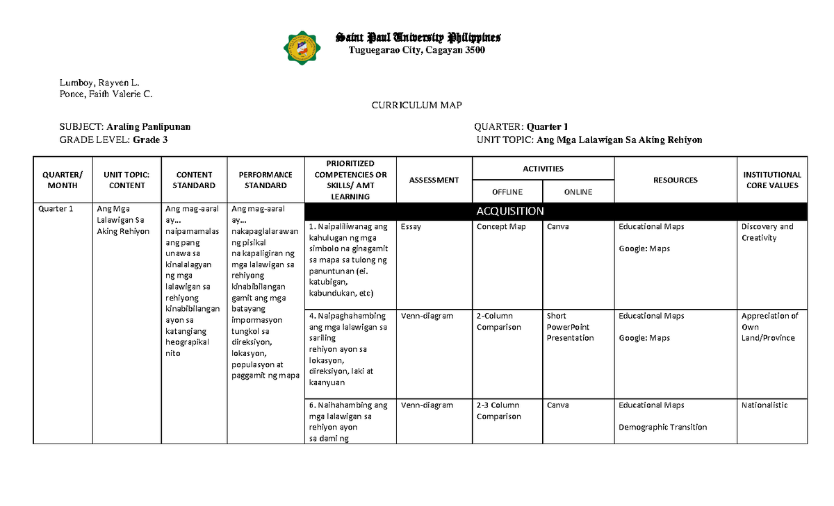 Curriculum-Map-Gr - map - BS IN PSYCHOLOGY - Studocu