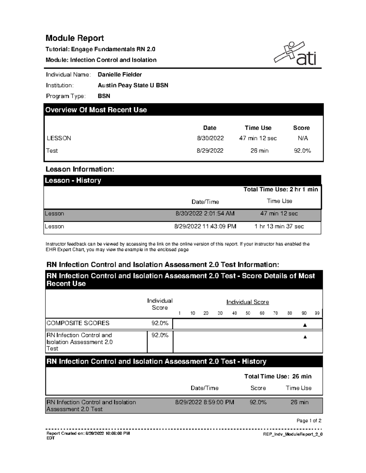 ATI Infection Control and Isolation Module Report Lesson Information