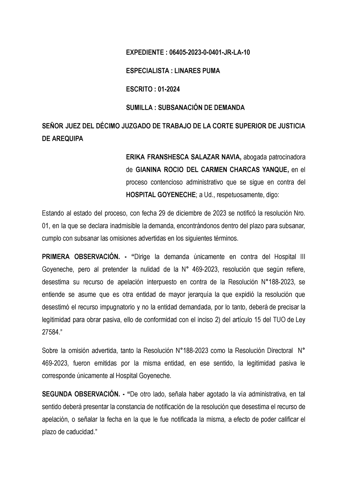 Subsanacion DE Demanda - EXPEDIENTE : 06405-2023-0-0401-JR-LA ...