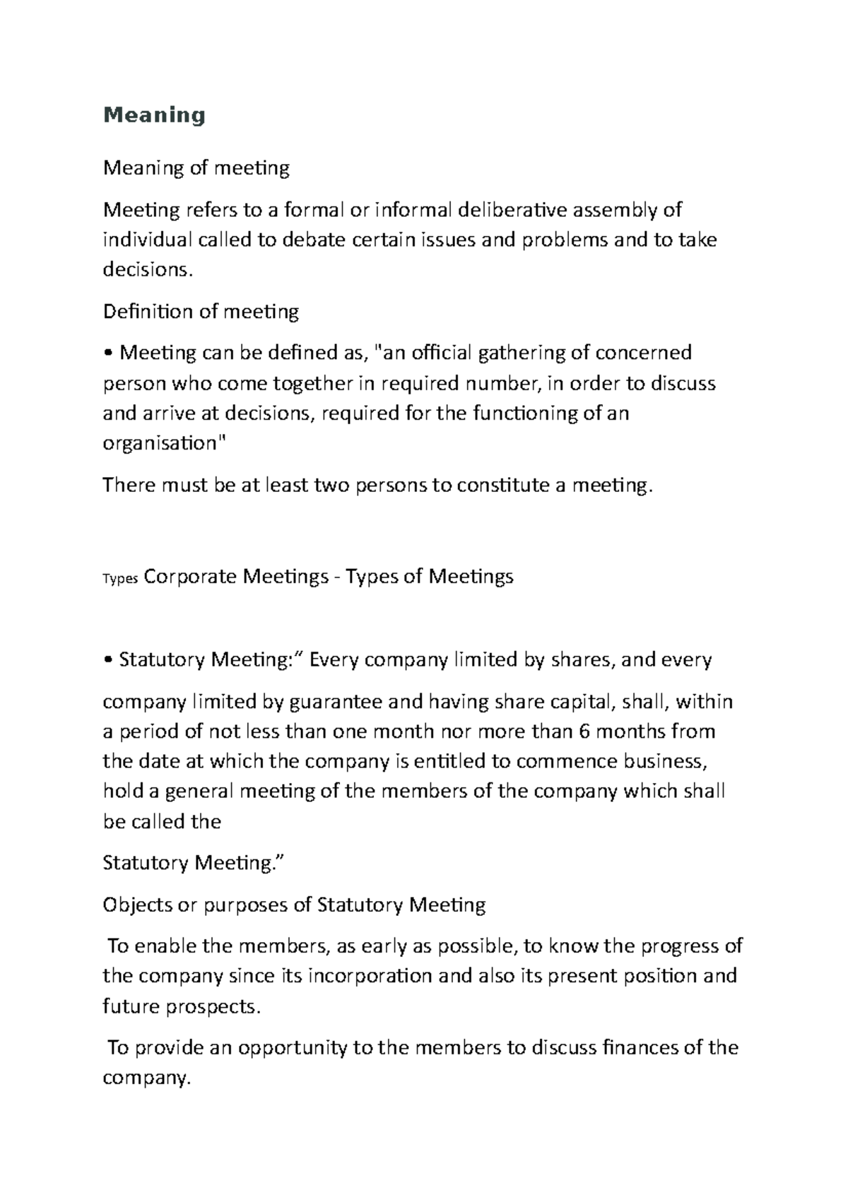 Corporate meetings concise notes Meaning Meaning of meeting Meeting