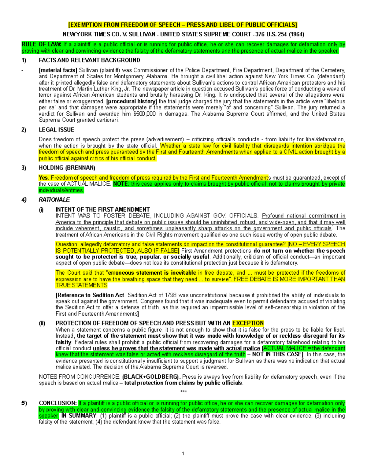 FREEDOM OF SPEECH Case brief & class notes (including diss opinions