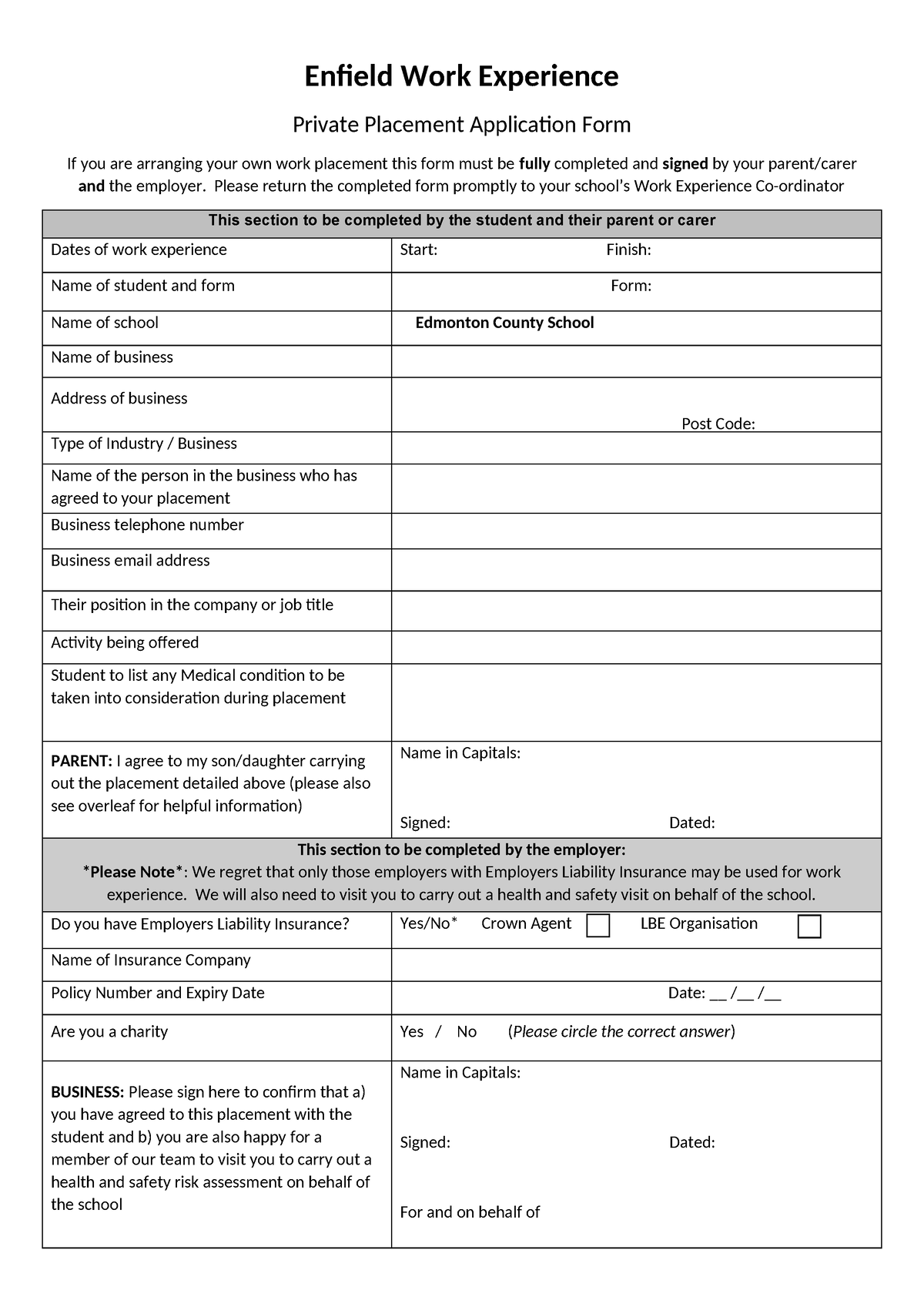 Work experience placement form - Enfield Work Experience Private ...