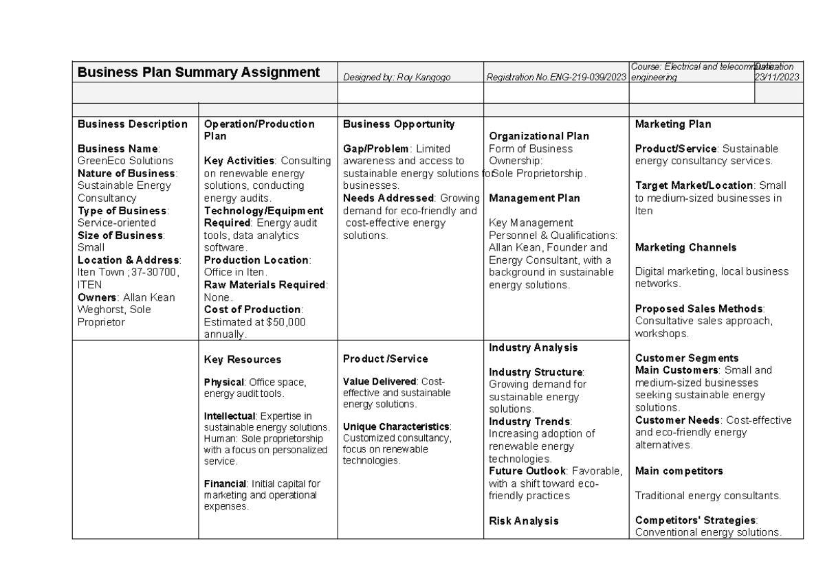 business plan assignment course hero