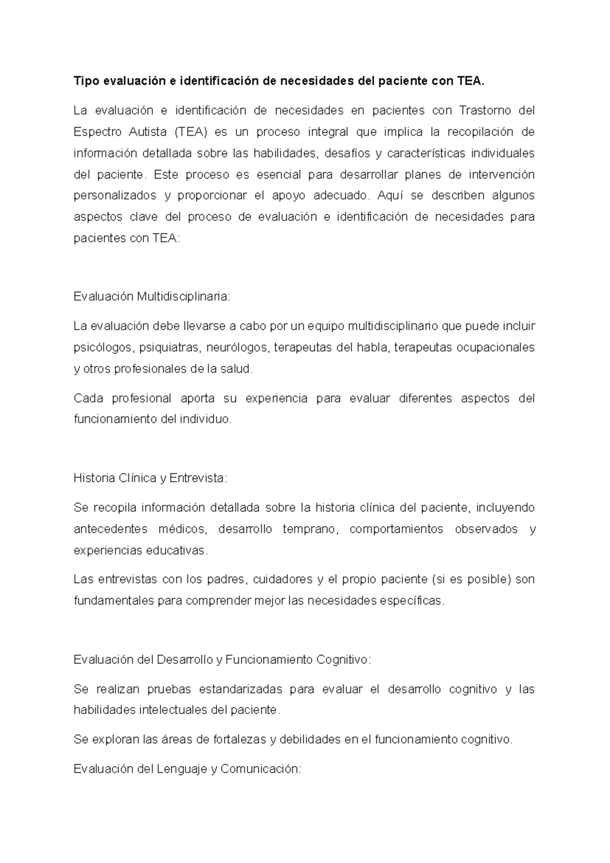Tipo evaluación e identificación de necesidades del paciente con TEA ...