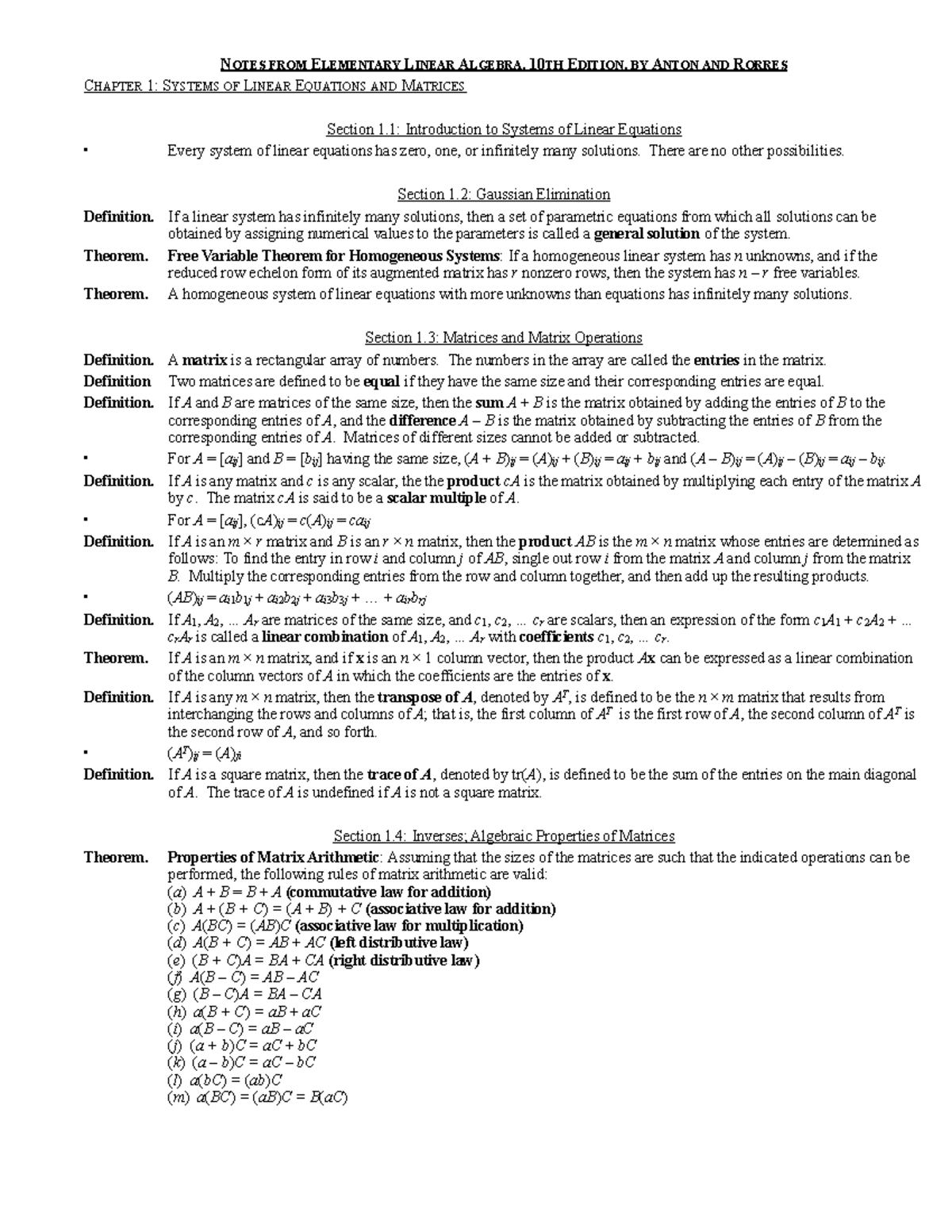 Notes From Anton Chapter 1 - N OTES FROM ELEMENTARY LINEAR A LGEBRA ...