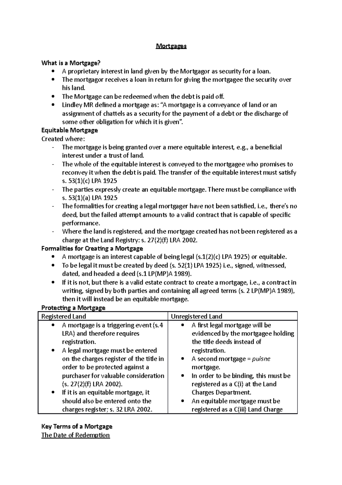 Mortgages Land Law Notes from Second Year, 2020/21 Mortgages What