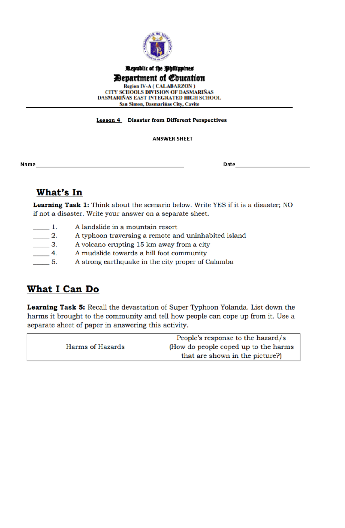 Answer Sheetlesson 4 LESSON Teaching Approaches in Social Studies