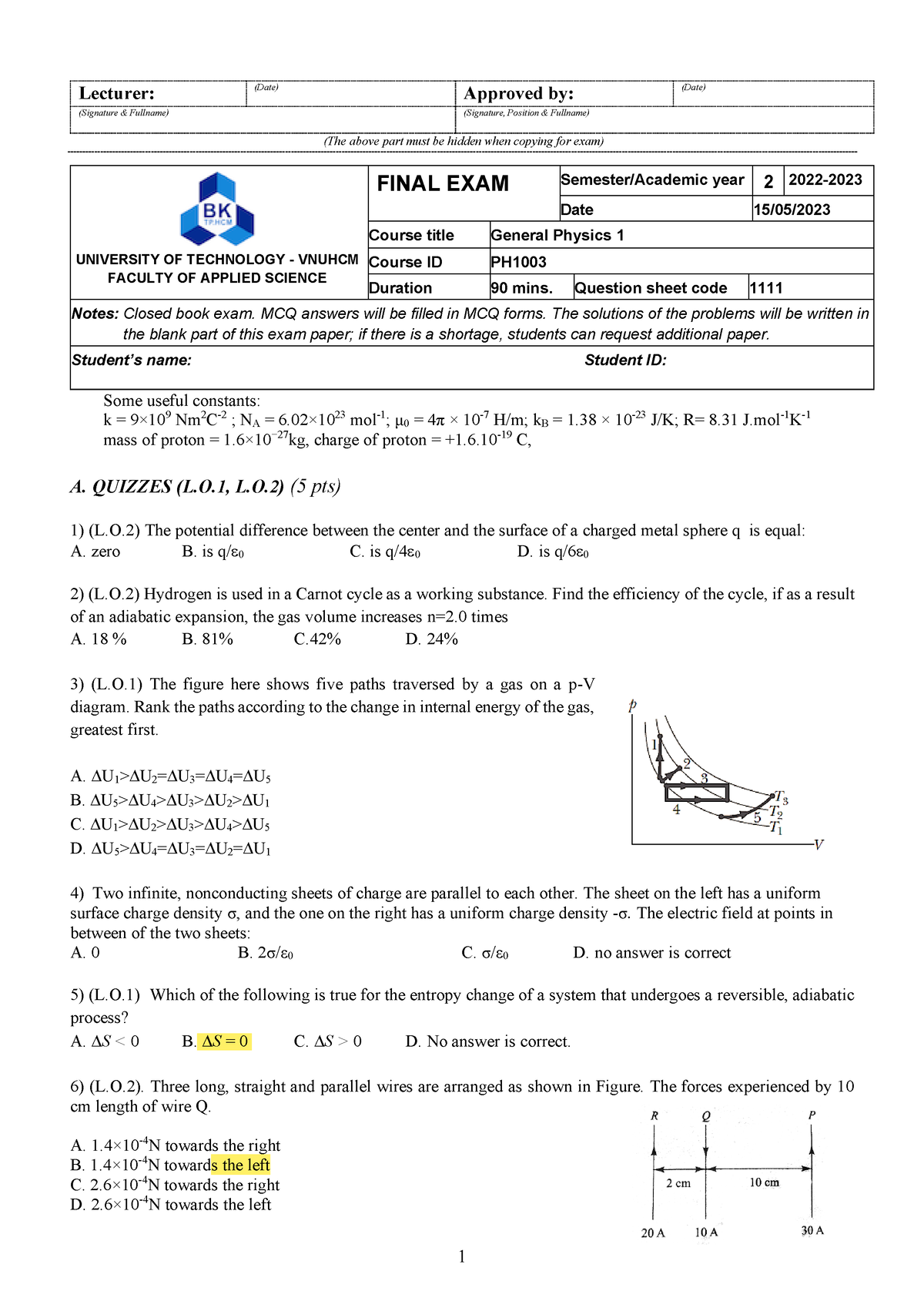 Final Exam Physics 1 HK222 1111-04052023 Print - 1 Lecturer: (Date ...