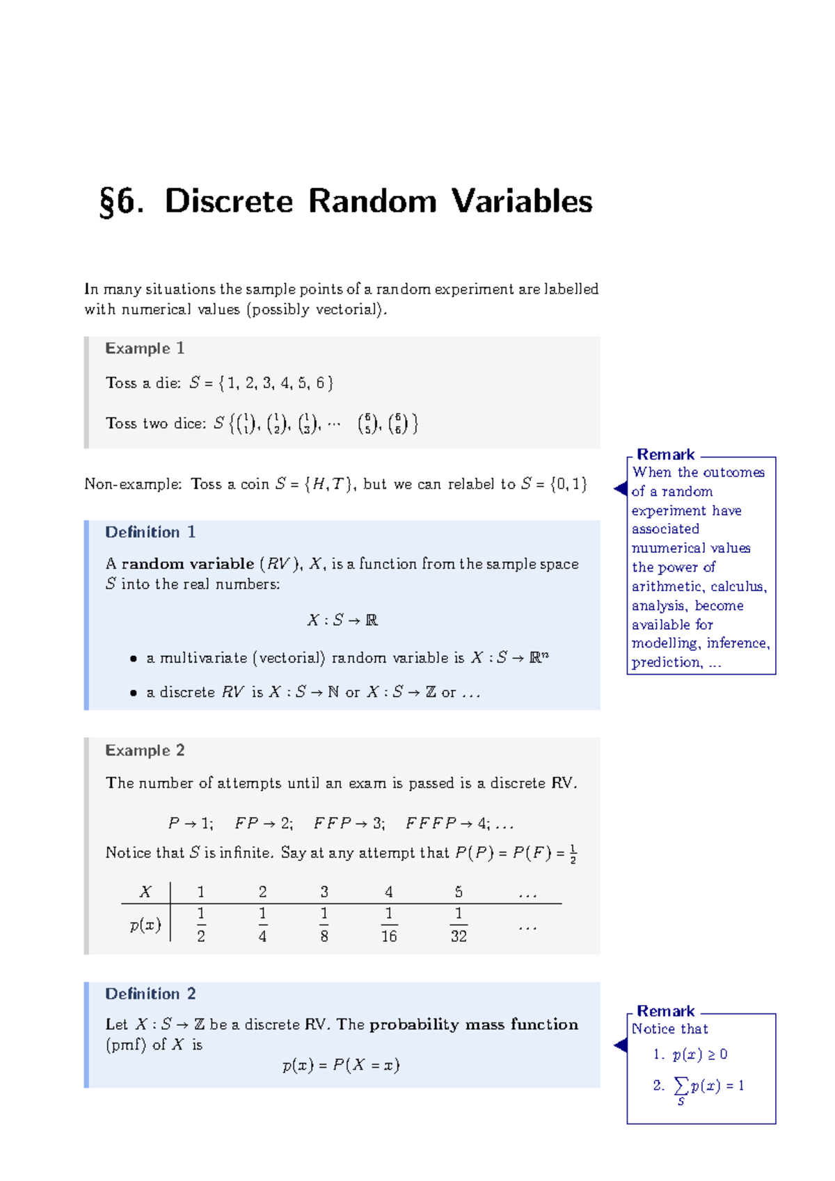 6 - notes - §6. Discrete Random Variables In many situations the sample ...