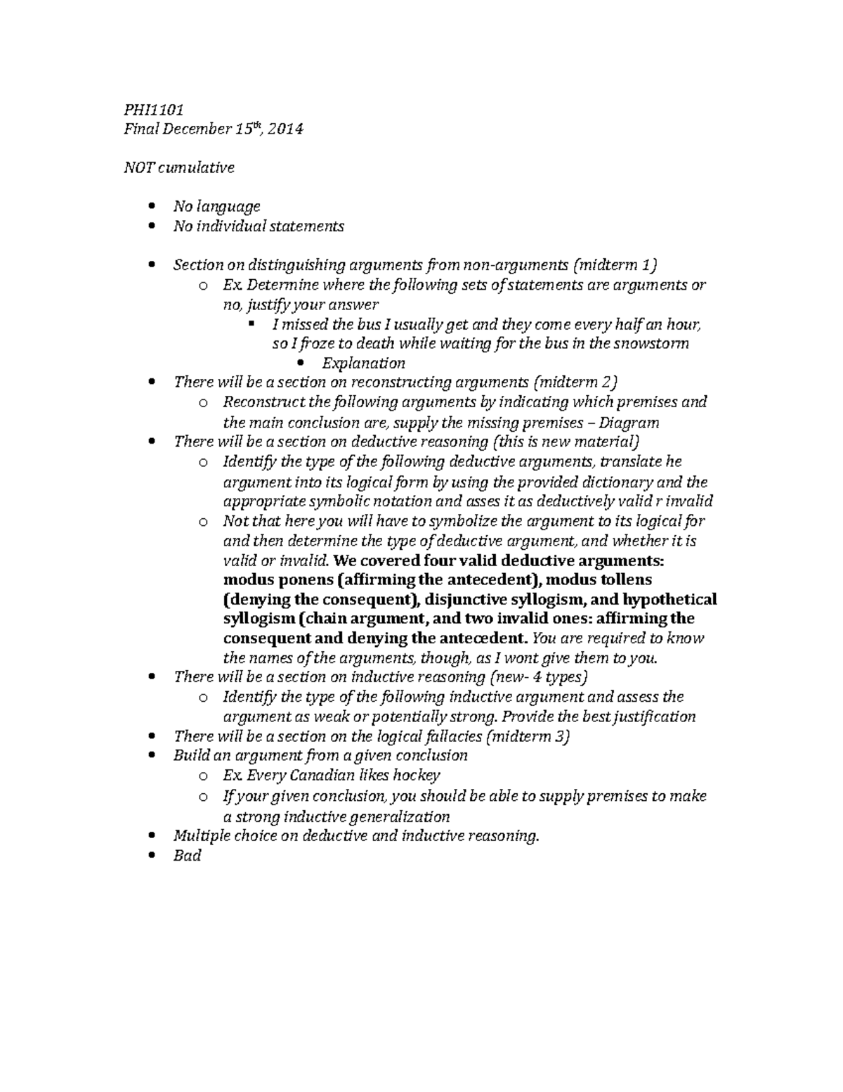 PHI1101 - Lecture notes 1 - PHI Final December 15th, 2014 NOT ...