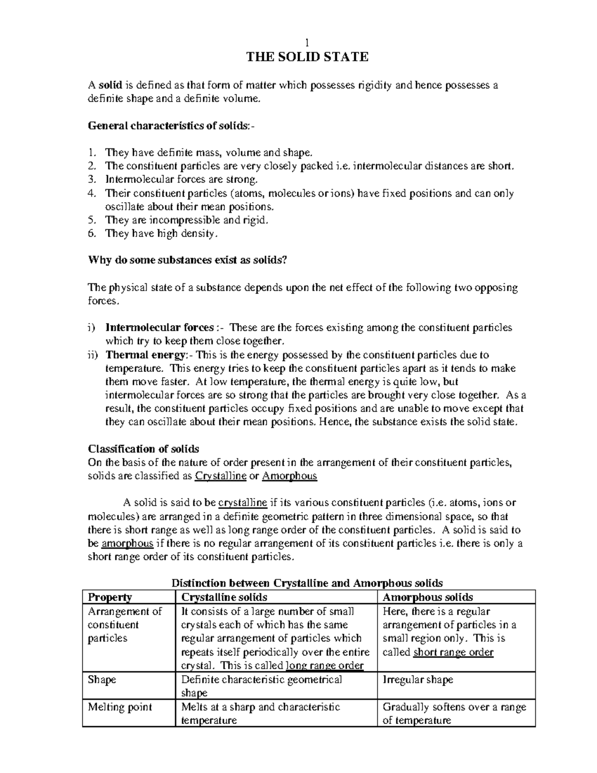 The Solid State Study Material - THE SOLID STATE A solid is defined as ...