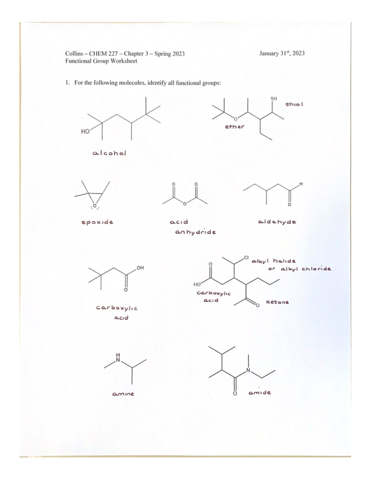 Functional Group Worksheet CHEM 238 Studocu