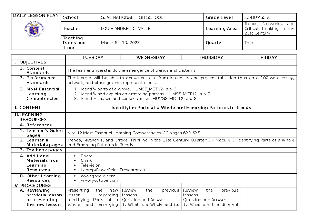 DLP Week 3 - DLP Week 3 - DAILY LESSON PLAN School SUAL NATIONAL HIGH ...