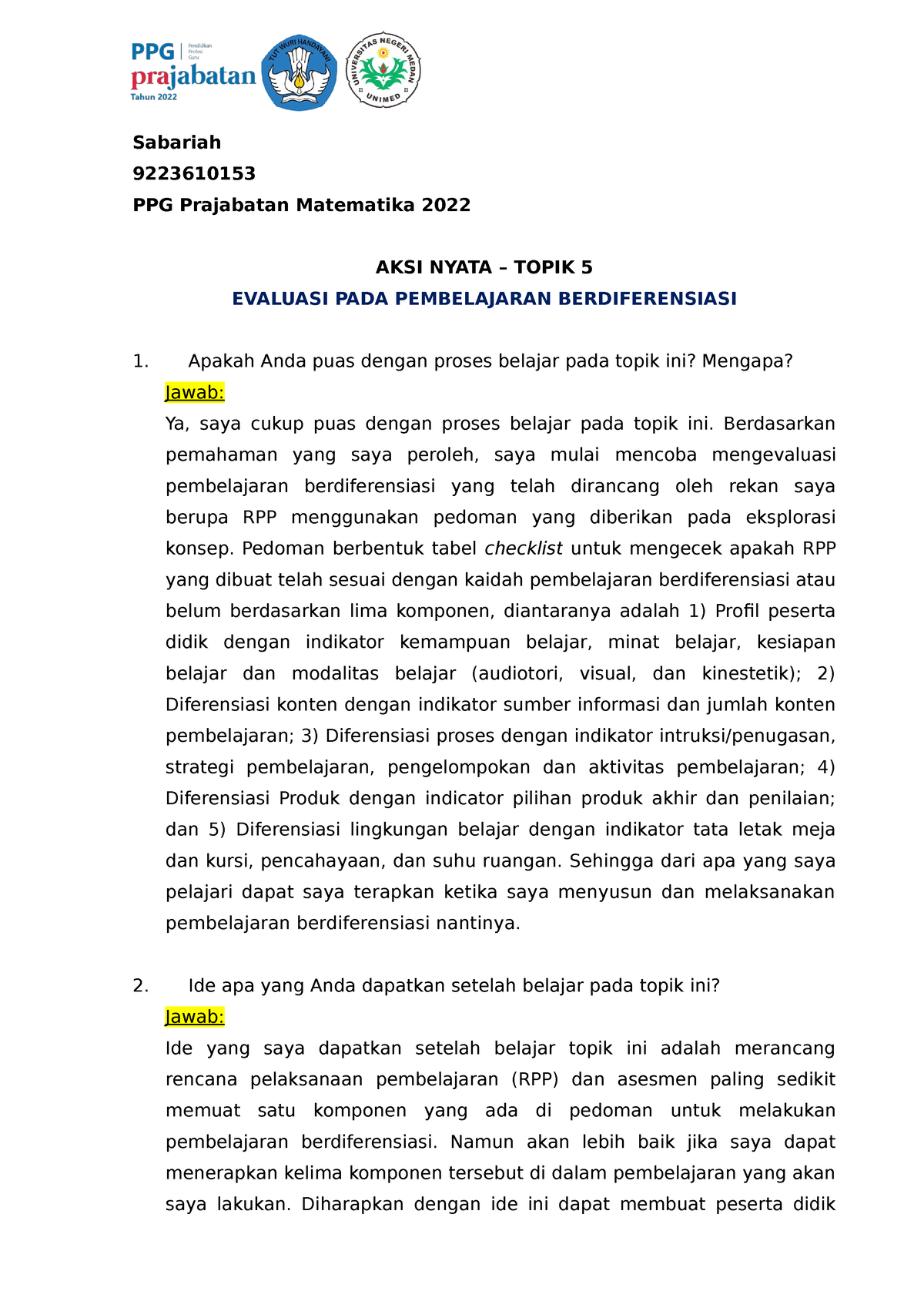 Aksi Nyata - Pembelajaran Berdiferensiasi (Topik 5) - Sabariah ...