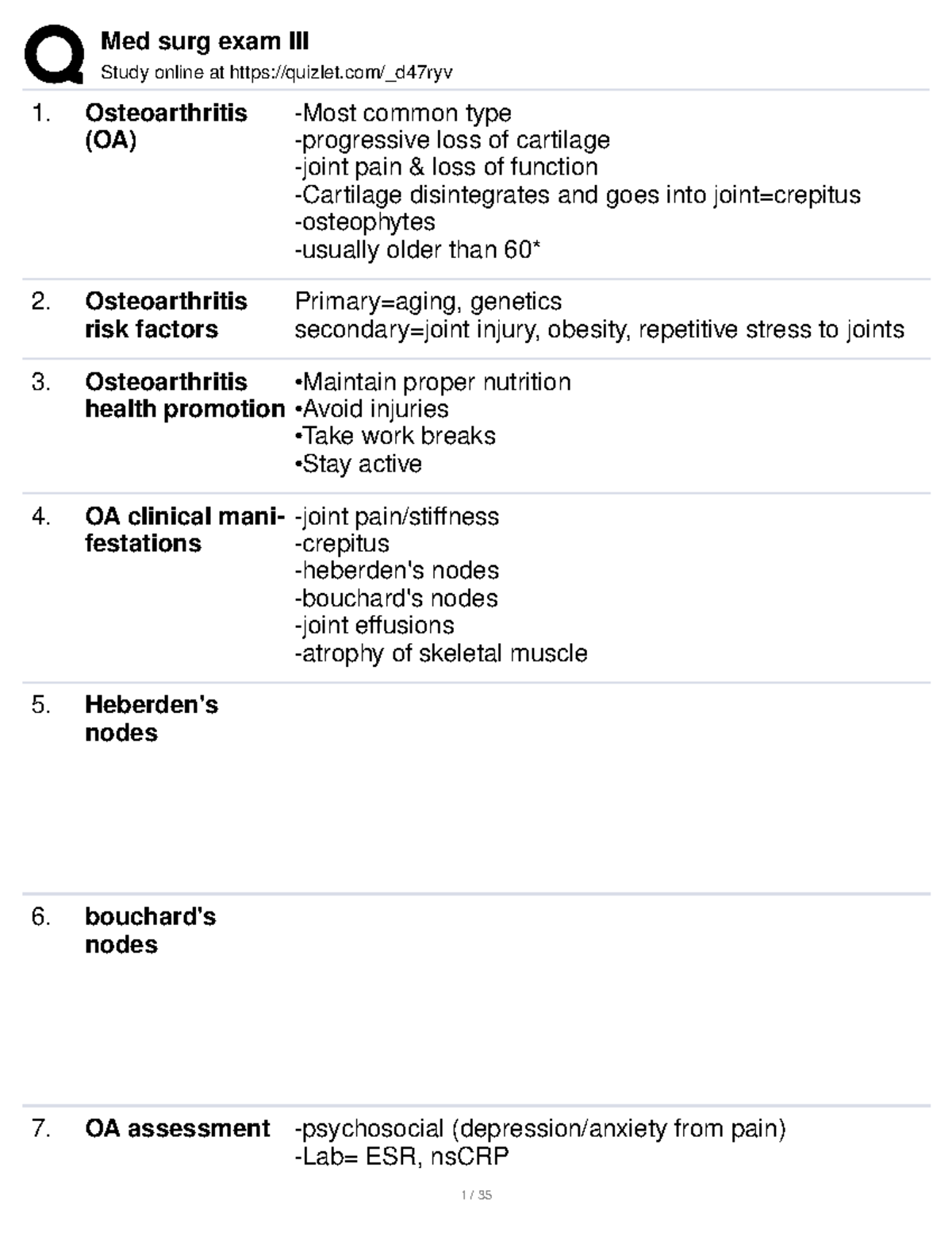 Exam III Notes - Study online at quizlet/_d47ryv Osteoarthritis (OA ...