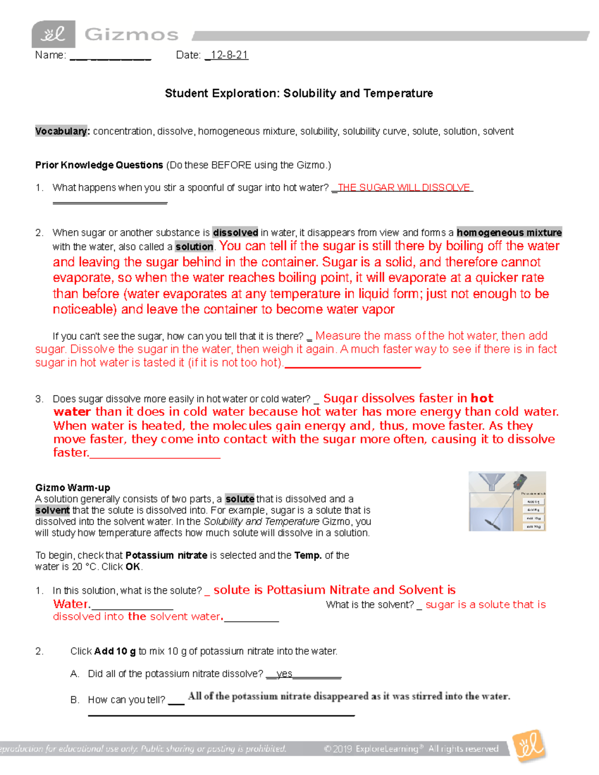 12821 Solubility Temperature Lab Gizmo SE 2019 Name