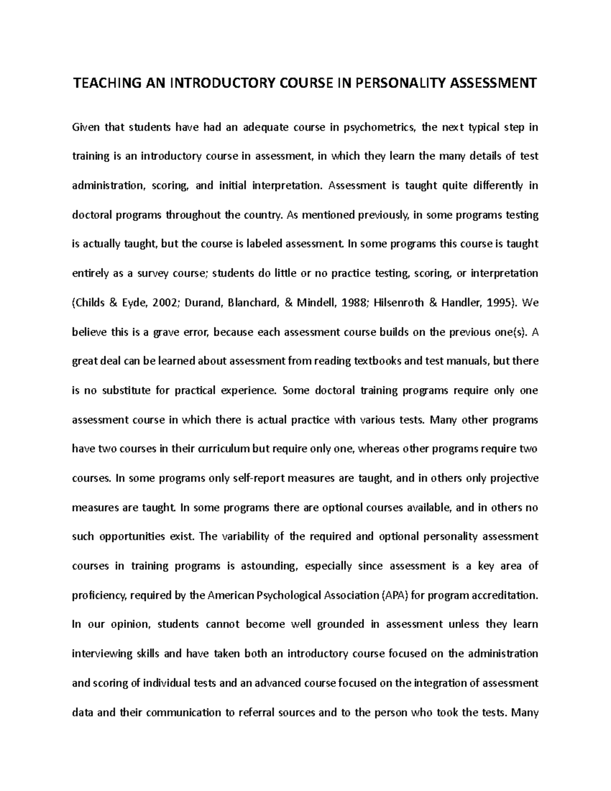Teaching AN Introductory Course IN Personality Assessment - TEACHING AN ...