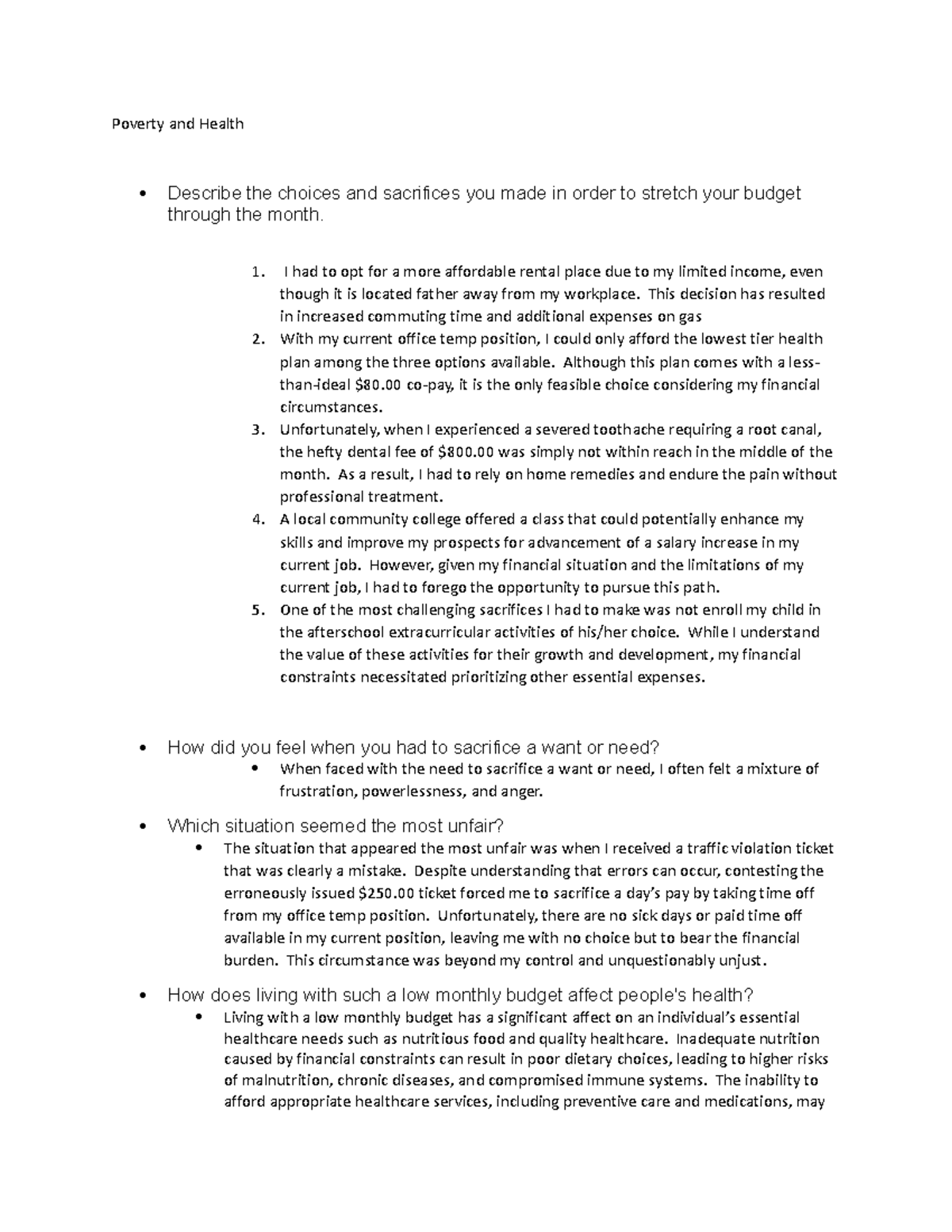 Poverty and Health discussion - Poverty and Health Describe the choices ...