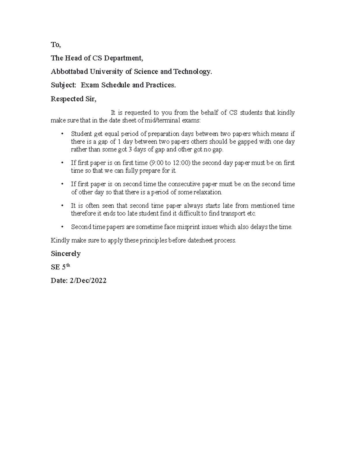 Application Examination - To, The Head of CS Department, Abbottabad ...