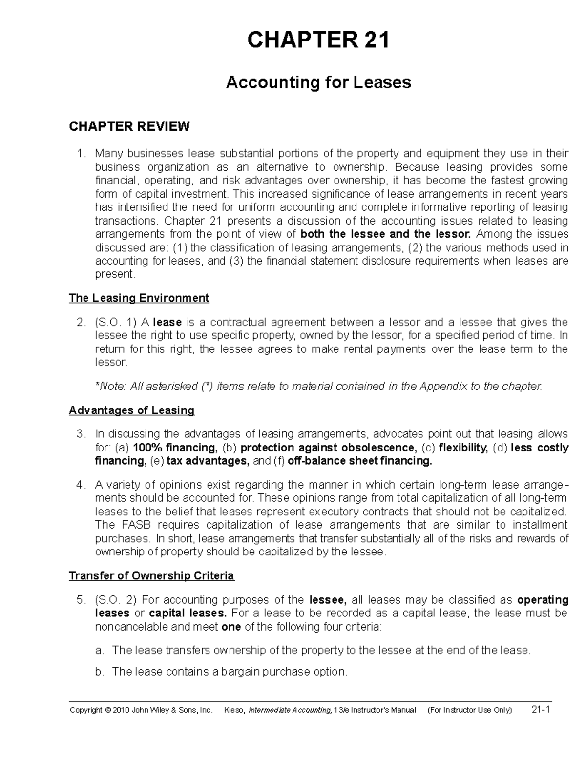 Chapter 21 - CHAPTER 21 Accounting For Leases CHAPTER REVIEW Many ...