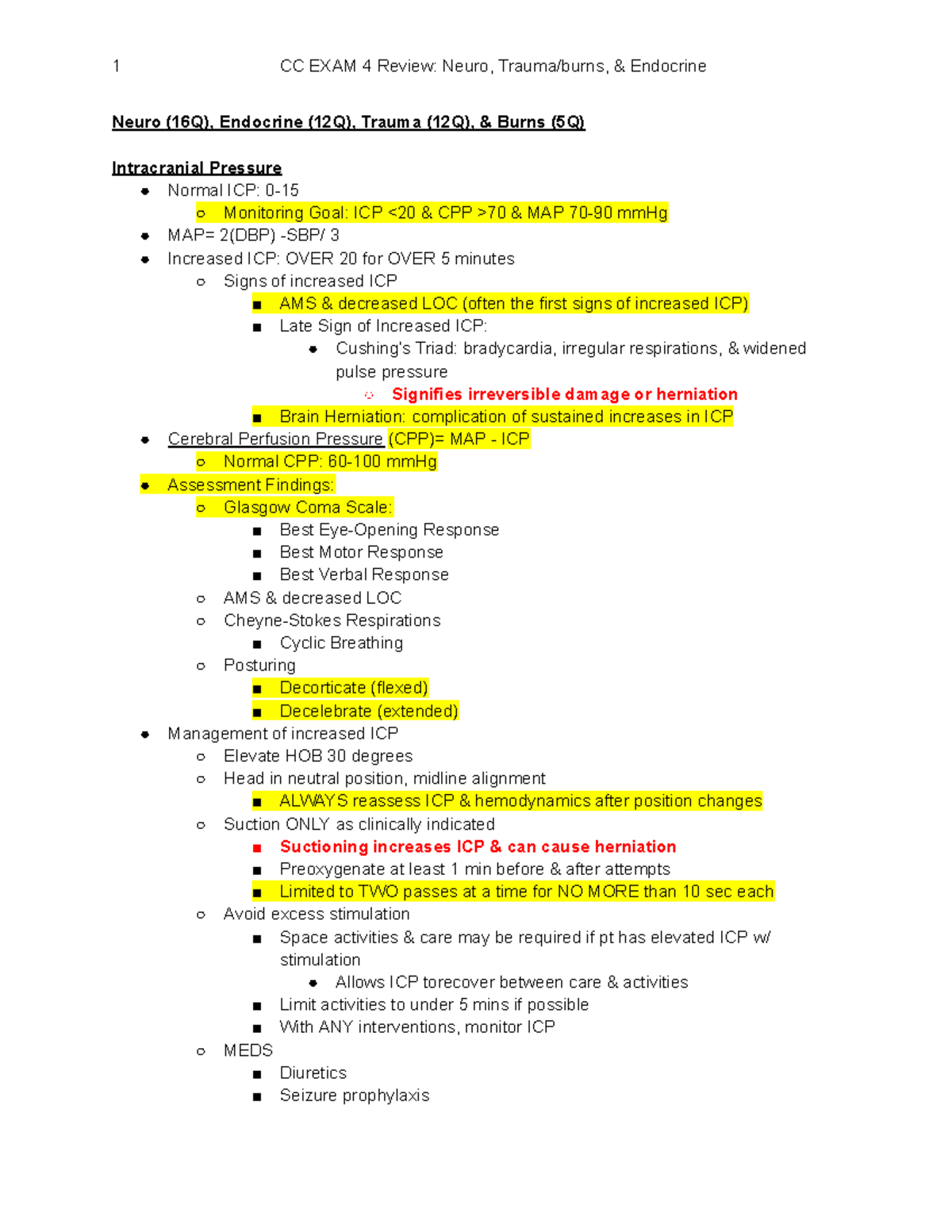 CC Exam 4 Review Notes - NUR 406 - SFA - Studocu