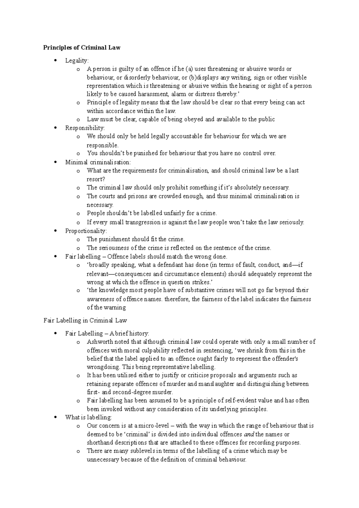 Principles of Criminal Law - ’ o Principle of legality means that the ...