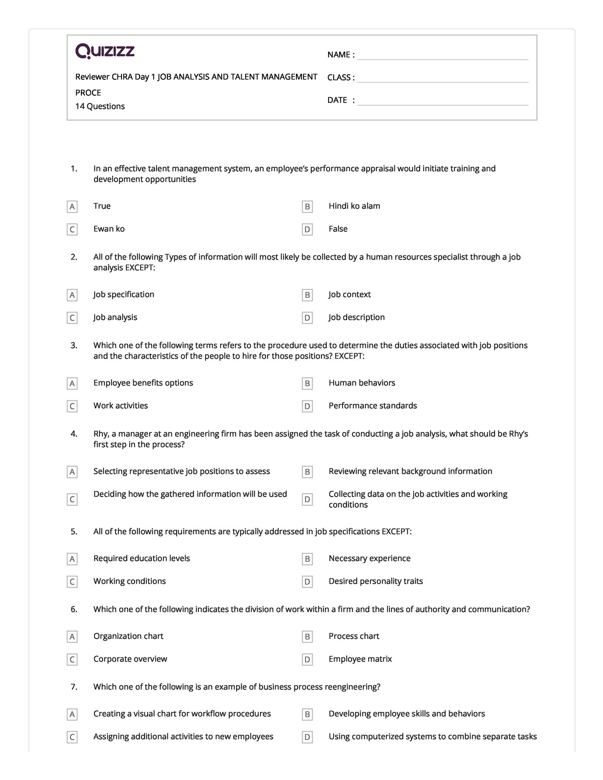 Reviewer CHRA Day 1 JOB Analysis AND Talent Management Proce - Reviewer ...