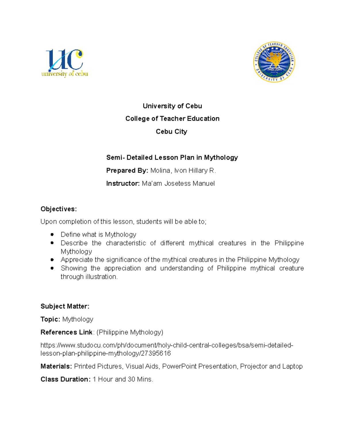 ENG 018 Lesson PLAN Molina IVON Hillary R - University of Cebu College ...