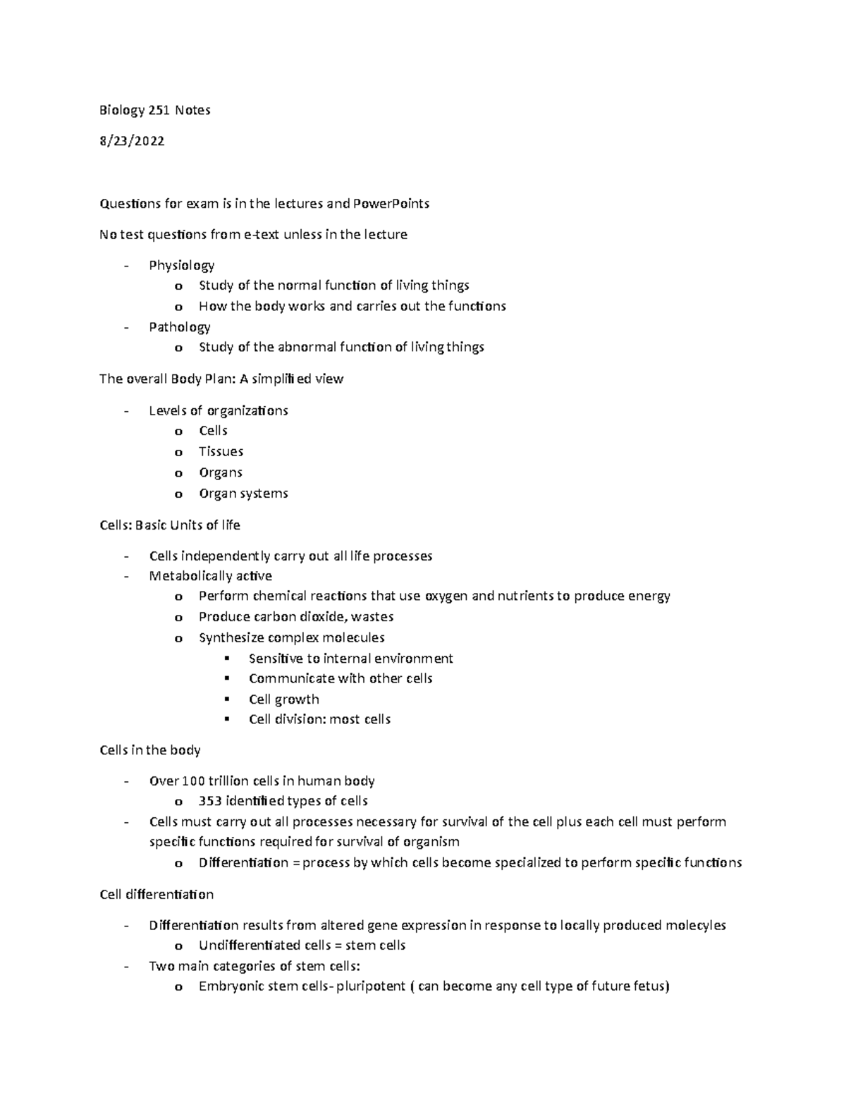 Notes bio - Biology 251 Notes 8/23/ Questions for exam is in the ...