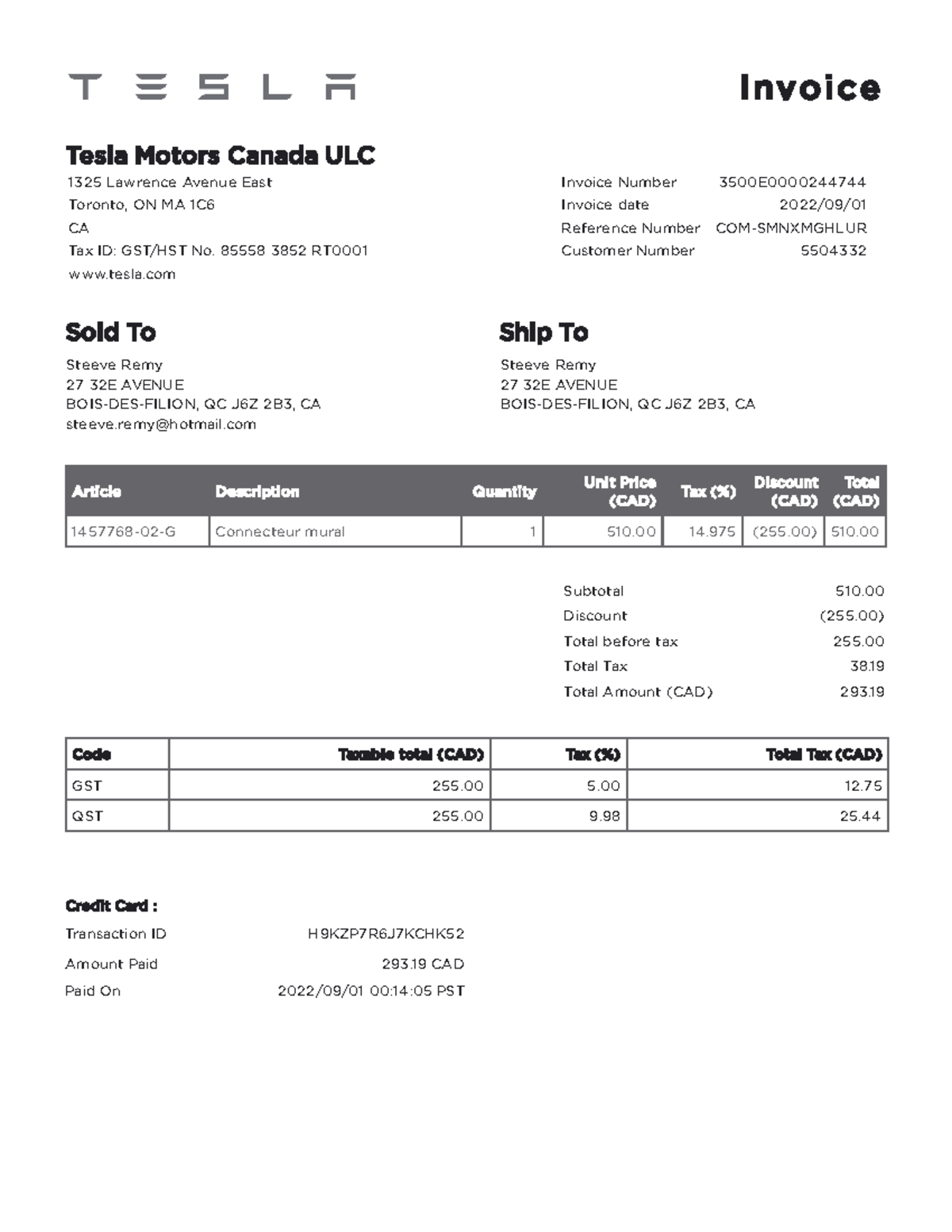 tesla motor template - Invoic e Tesla Motors Canada ULC 1325 Lawrence